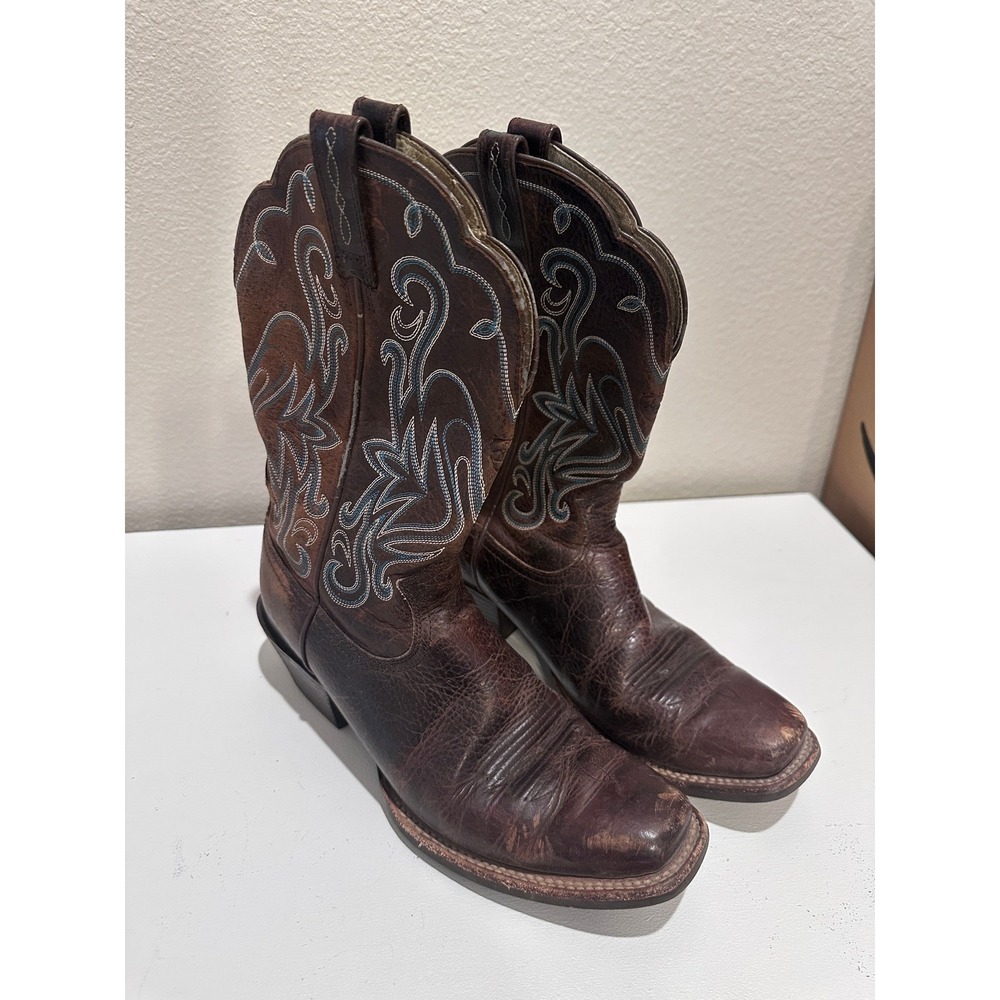 Ariat Men's Western Cowboy Boots Brown Leather Square Toe Embroidered Size 8.5B